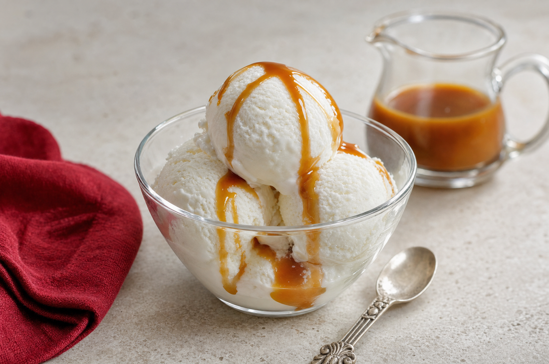 Coppetta di vetro con tre palline di gelato fior di panna e caramello