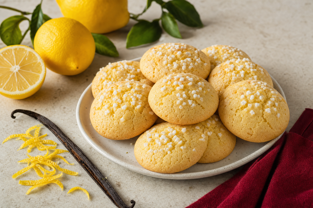 Biscotti morbidi al limone con granella di zucchero, accanto a limoni freschi e un baccello di vaniglia
